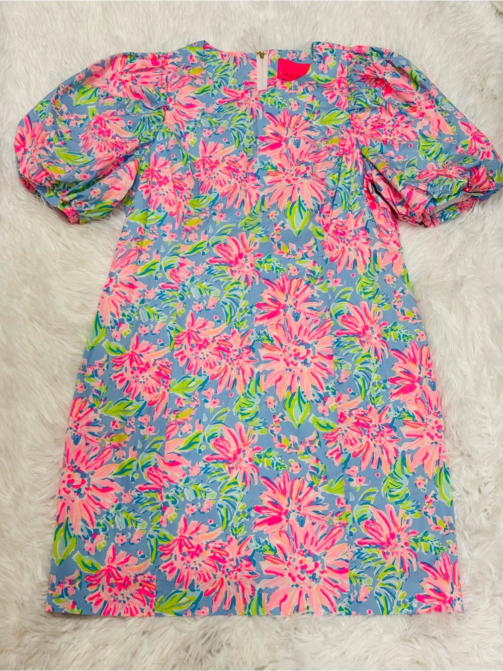 Lilly Pulitzer Puff Sleeve Shift Dress Pink Blue Green Floral Size 14 EUC